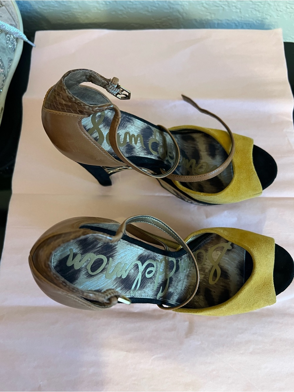 Sam Edelman Yellow Suede, Black Suede & Brown Leather Platform Heels - Picture 7 of 7